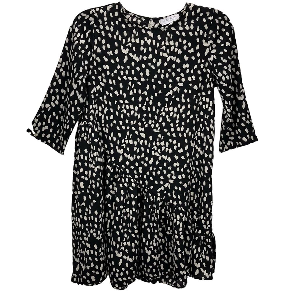 HAYDEN Black & Cream Asymmetrical Flare Dotted Loose Fit Modest Dress Sz Small